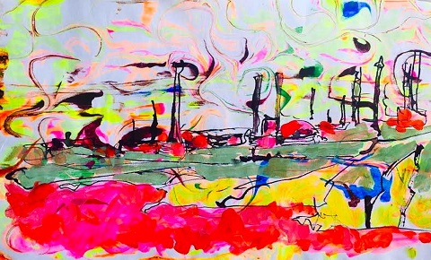 'Milford Haven By Sea'. Pen, Gouache and Ink on Hand Marbled pape
