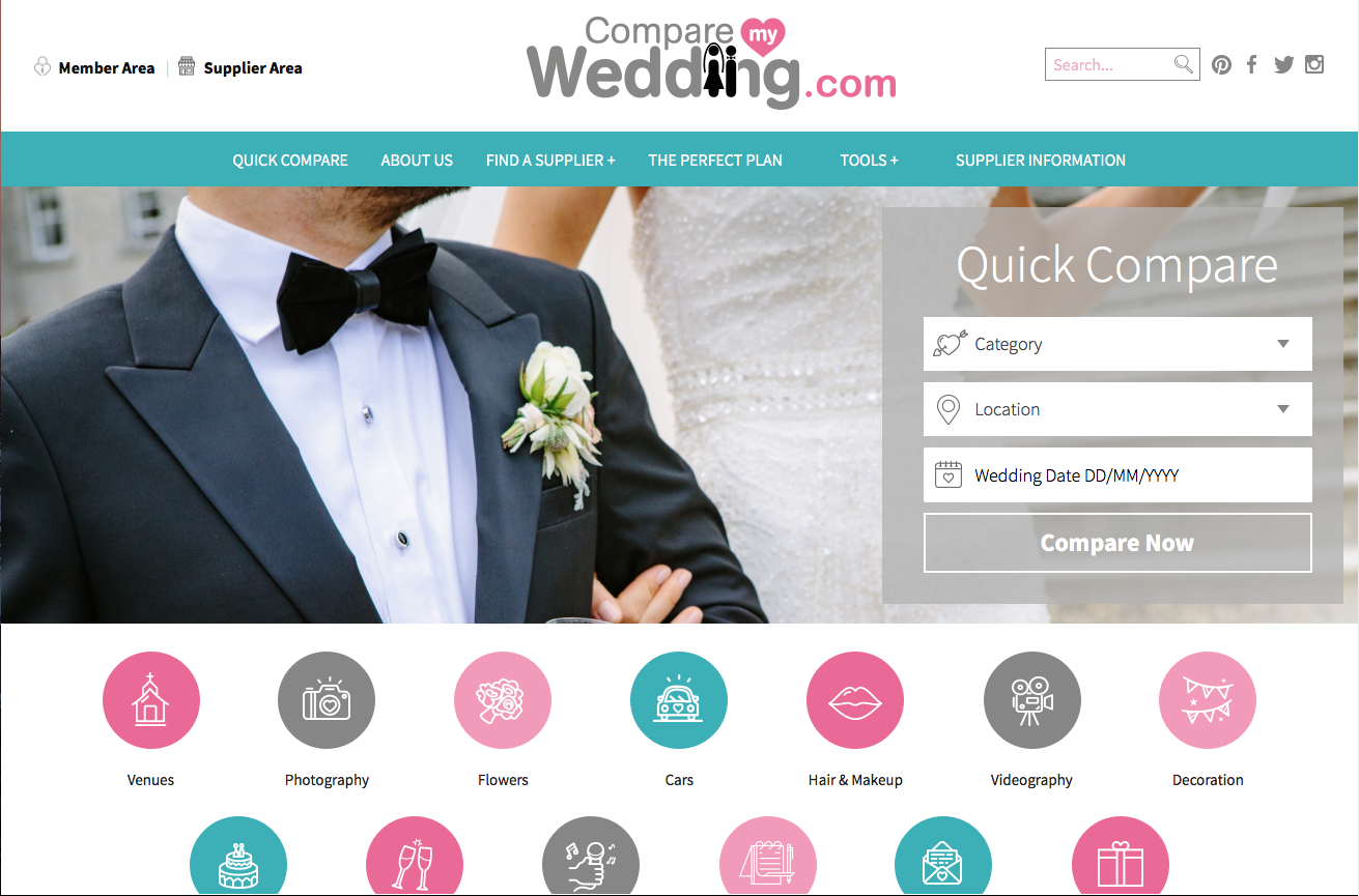 Home page of a wedding website