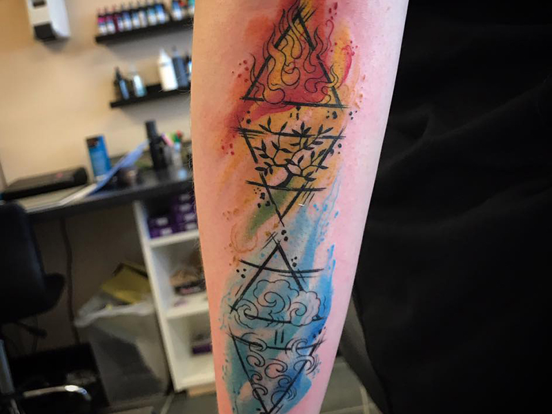 Watercolour design by Justin Oldham (photo credit: Valkyrie Tattoo Studio)