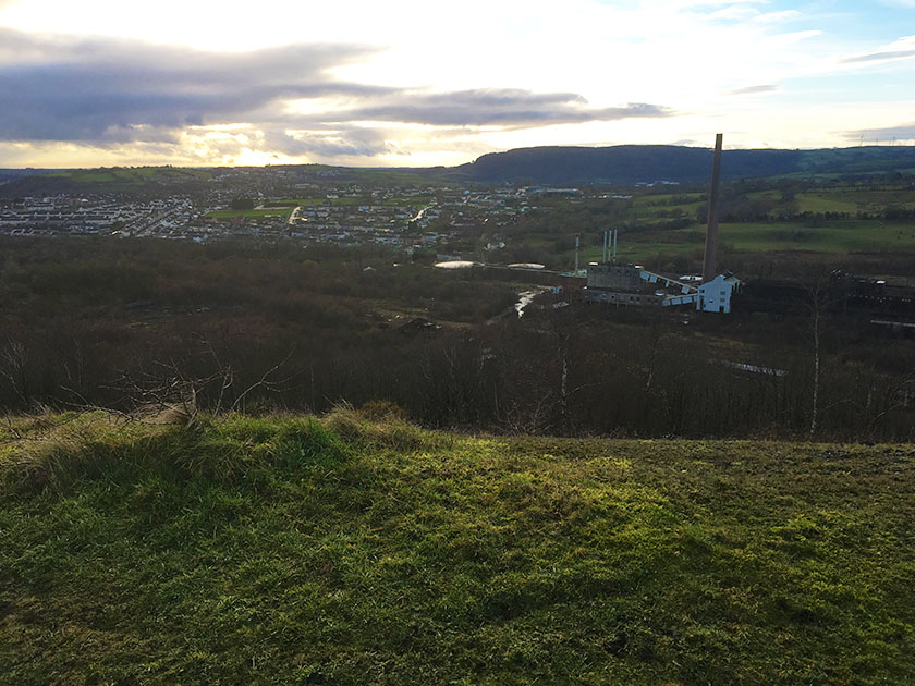 view, colliery, chimney, Beddau, coal tips