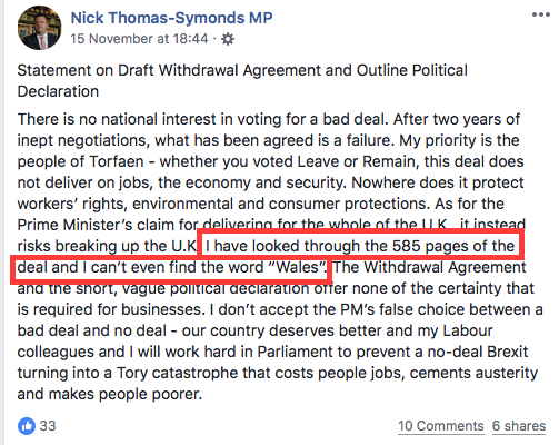 Screenshot of Facebook post from Welsh MP