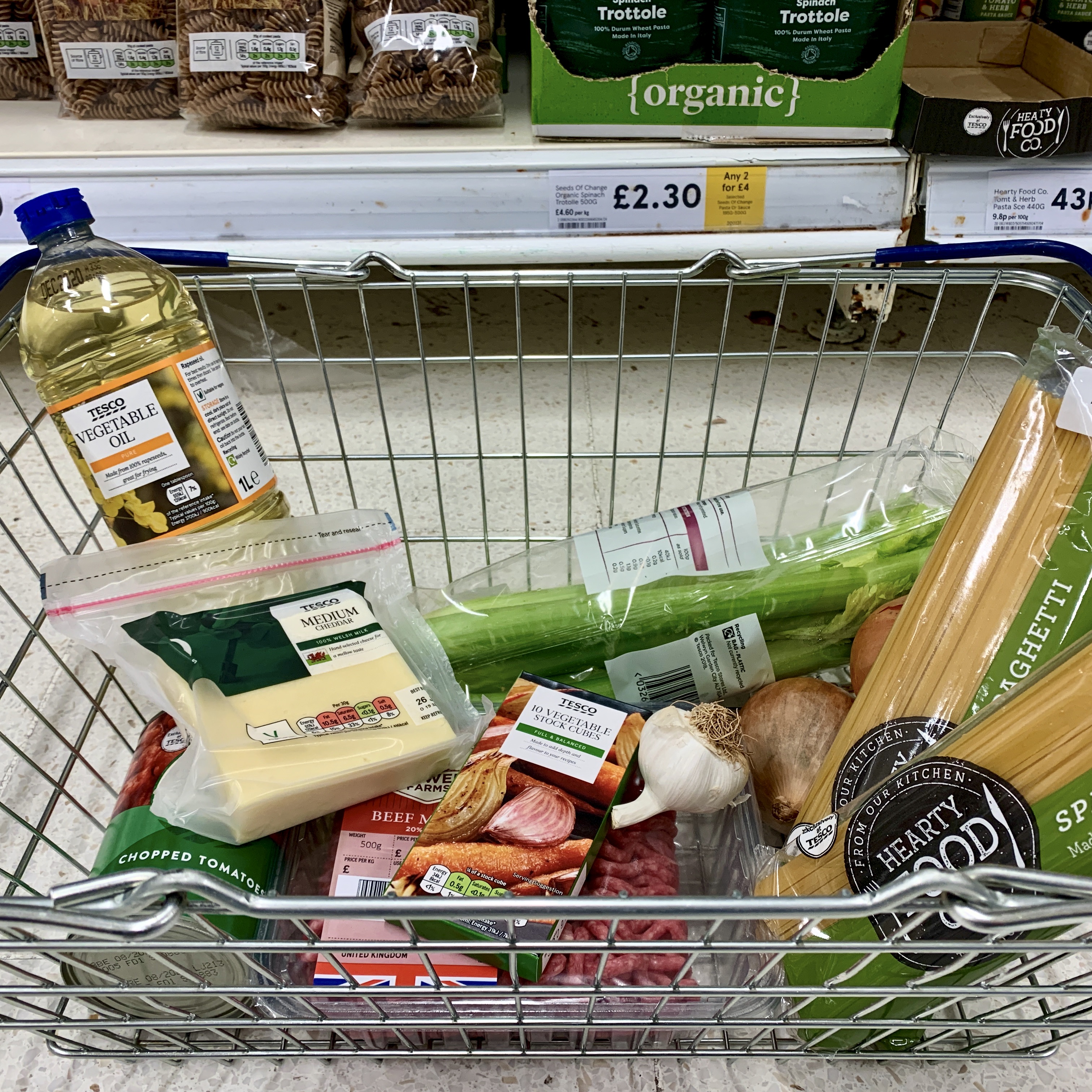A supermarket basket full of ingredients for spaghetti bolognese 