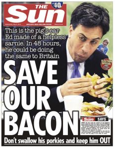 Front cover of the Sun newspaper featuring Ed Milliband eating.