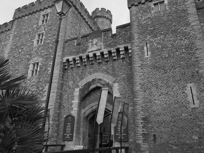 A picture of a castle in black and white