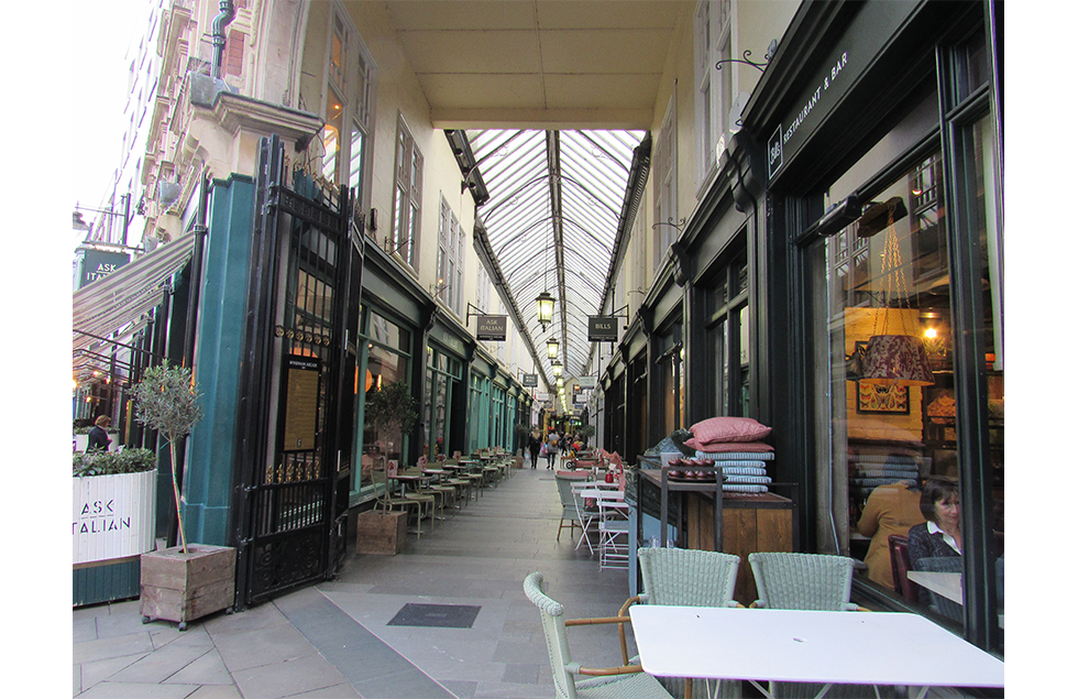 Cardiff arcade view with restaurants and coffee shops