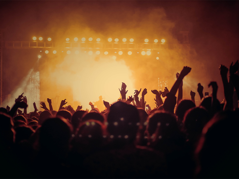 A busy crowd with their arms in the air at a rock music concert.