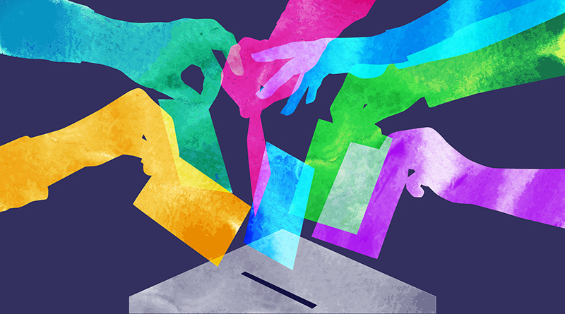 Colourful overlapping silhouettes of hands voting in watercolour texture