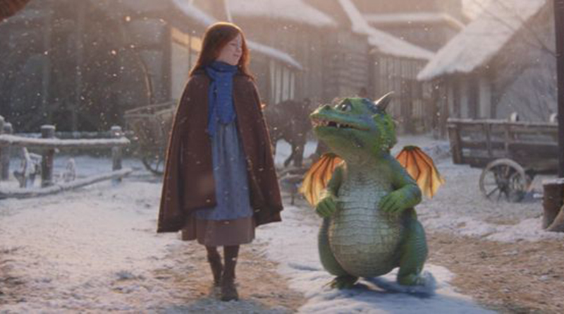 A picture of a young girl and a small green dragon from the John Lewis Christmas advert